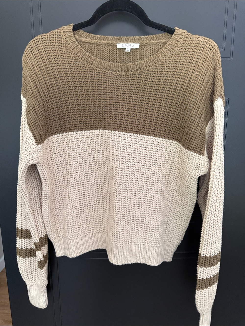 Z Supply Two-Tone Crewneck Sweater in Olive and Cream